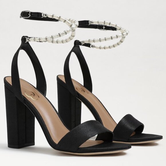 SAM EDELMAN Yanelli Pearl Embellished Satin Sandals in Black Satin Size US 5.5 - Picture 7 of 8
